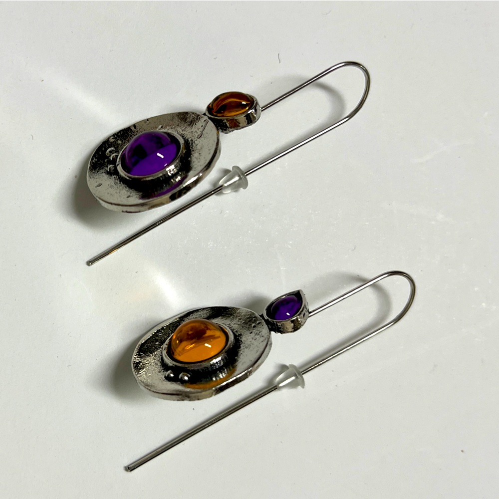 Earrings Dangle NIP  Unique purple and yellow stone silver tone. 2” x .80” - Picture 4 of 9